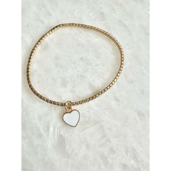 White enamel heart rhinestone stretch bracelet - Picture 1 of 2